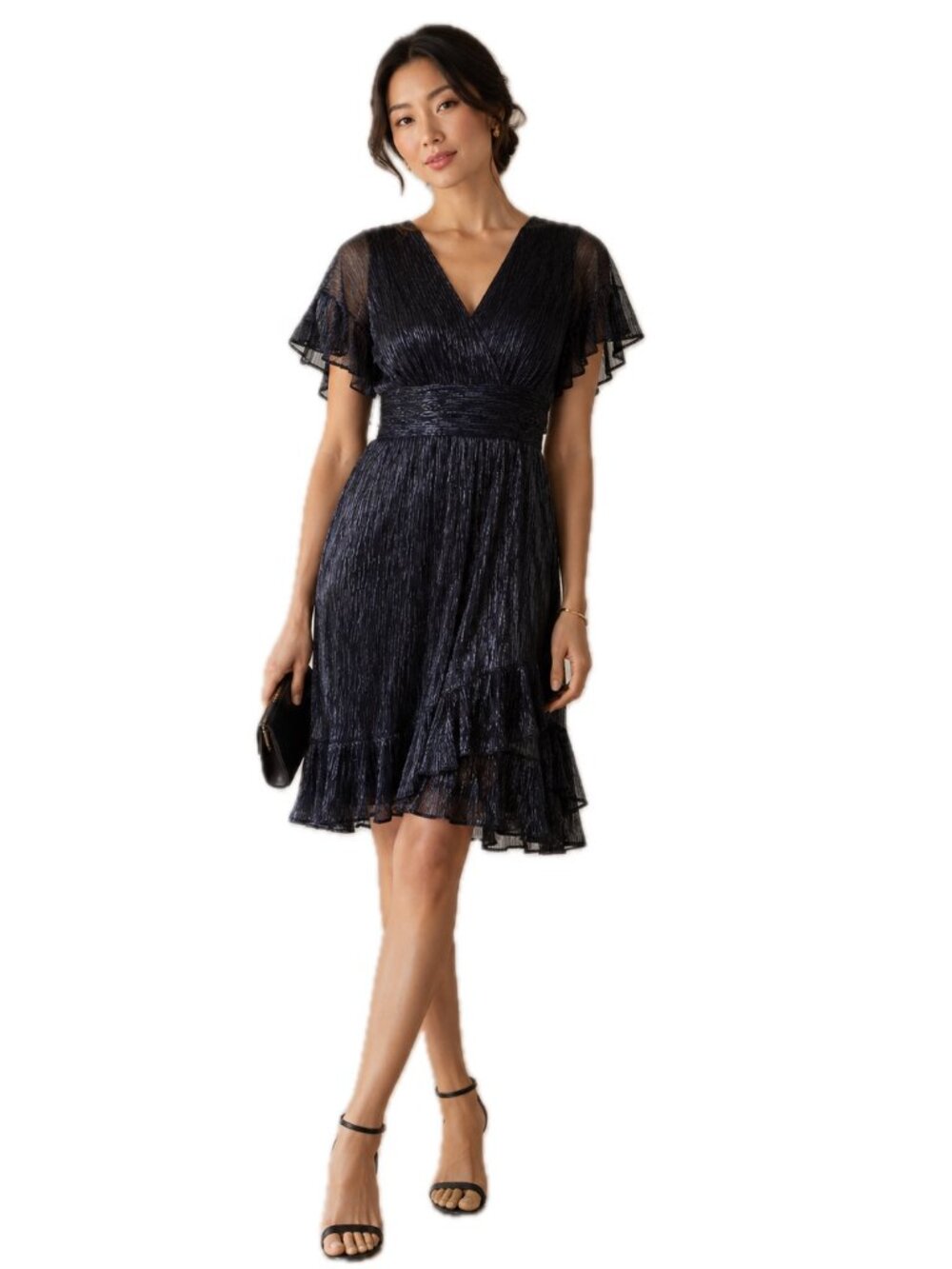 Lilly Pulitzer Sinclare FlutterSleeve Dress Low Tide Navy Metallic Crinkle Knit